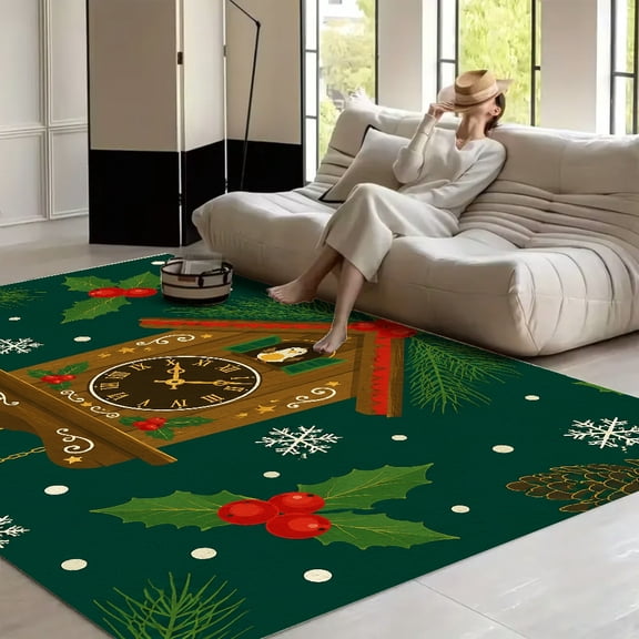 RKSupls Christmas Cuckoo Clock Holly Pine Cones Soft Fluffy Velvet Area Rug for Living Room Bedroom, Non-Slip Washable Carpet, Modern Minimalist Home Decor Floor Mat