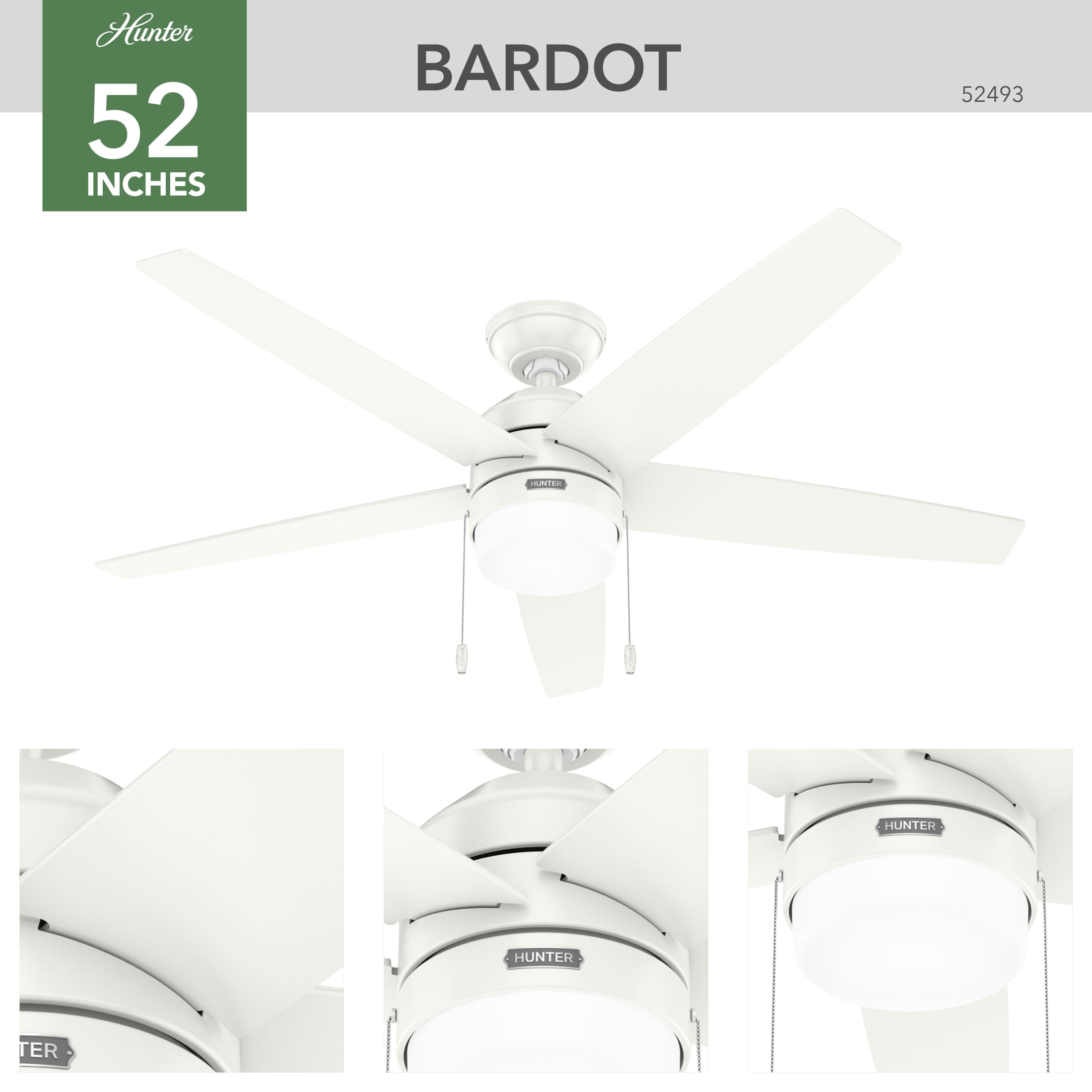Hunter 52 inch Indoor Ceiling Fan with LED Light and Pull Chain - White Modern Ceiling Fan, Standard Mount, 5 Blades, For Bedroom, Living Room, or Kitchen - Bardot 52493, Fresh White