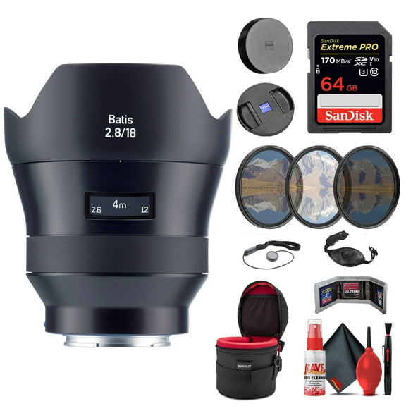 Zeiss Batis 18mm F/2.8 Lens for Sony E Mount (2136-691)   64GB Extreme Pro SD Card   77mm 3-Piece Filter Kit   Padded Lens Case   Memory Card Wallet   Hand Strap   Mini Tripod & Cleaning Kit