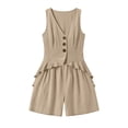 thumbnail image 7 of Outfits Linen Vest Waistcoat Dressy Casual Sets Women's Stripe Solid Casual Sleeveless Ruffle Vests Tops And Wide-Leg Pants With Pockets Suit Set Khaki L, 7 of 7