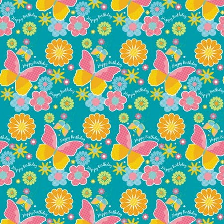 Printed Gift Wrap 30" Wide 5 Foot Roll-Birthday Butterfly