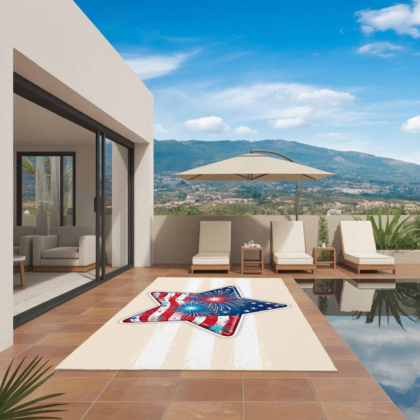 Patriotic USA Flag Outdoor Rug 3x5 Ft, Non Slip Washable Area Rug, Independence Day Firework Cream Striped Patio Rugs Carpet Runner, Large Floor Mat for Indoor/Outdoor Deck Porch Camping