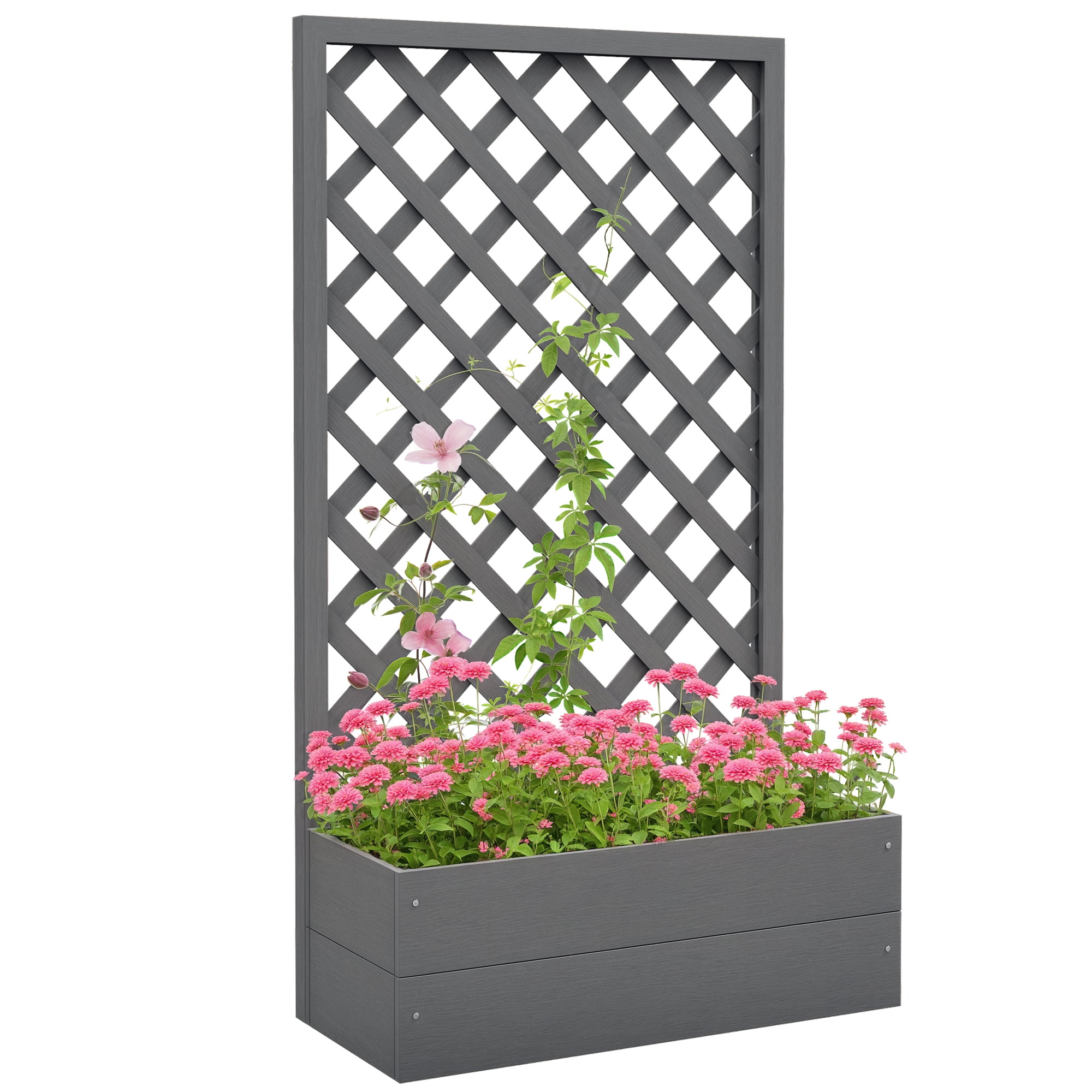 Outsunny Raised Garden Bed w/ Trellis Lattice, Drainage Gap, Freestanding Trellis Planter for Climbing Plants, Vines, Flowers, Dark Gray