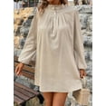 thumbnail image 5 of Women's Half Button Mock Neck Long Sleeve Mini Shirt Dress 100% Cotton Fabric Elegant Casual Everyday Wear All Seasons, 5 of 7