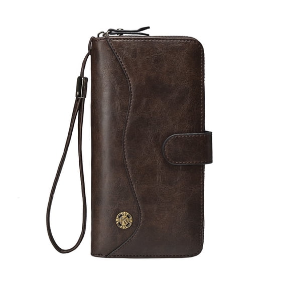 Wallet for Women Clutch Wristlet Leather Purse ,Large Capacity Credit Card Holder with Grip Hand Strap (dark brown)