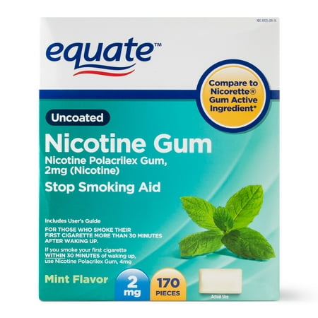 Equate Uncoated Nicotine Gum, Mint Flavor, 2mg, 170