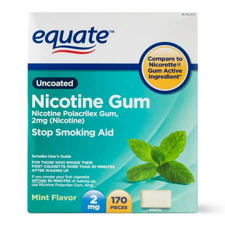 Equate Uncoated Nicotine Gum Stop Smoking Aid Mint Flavor, 2 mg, 170 Ct