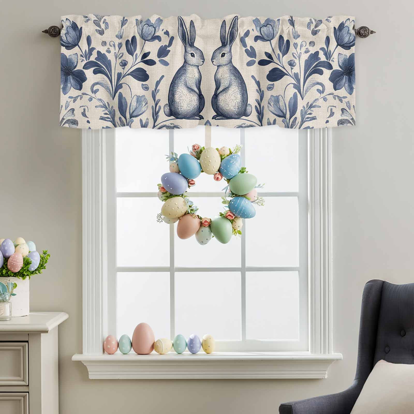Easter Rabbits Valances for Windows, Cute Blue Bunny Watercolor Boho Floral Leaf Linen Texture Valance Window Treatment Rod Pocket Short Curtains Valances for Kitchen Bathroom 60"W x18"L