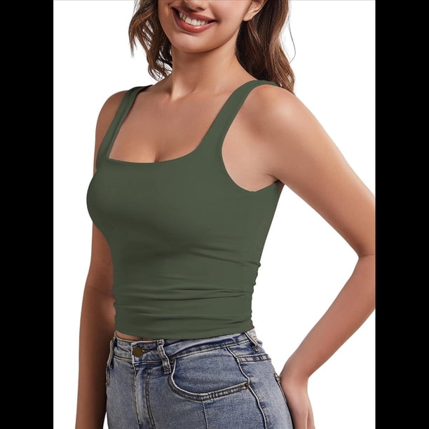 Camisetas Sin Mangas con Doble Forro para Mujer, Estilo Y2K, para Salir, Ajustadas, Sin Mangas, con Cuello Cuadrado, para Verano. Verde L