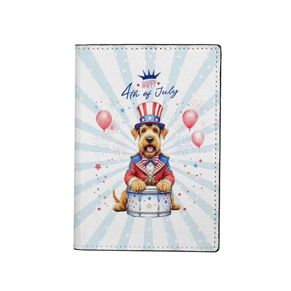 Happy 4th of July Patriotic Airedale Terrier Marching Band Uniform Balloons Fireworks Travel Passport Wallet Dale Waterside Dog Lover PU Leather Passport Holder Cover - 13009
