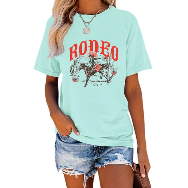 Anbech Western Graphic Tees for Women Casual Rodeo Shirts Roping Cowboy