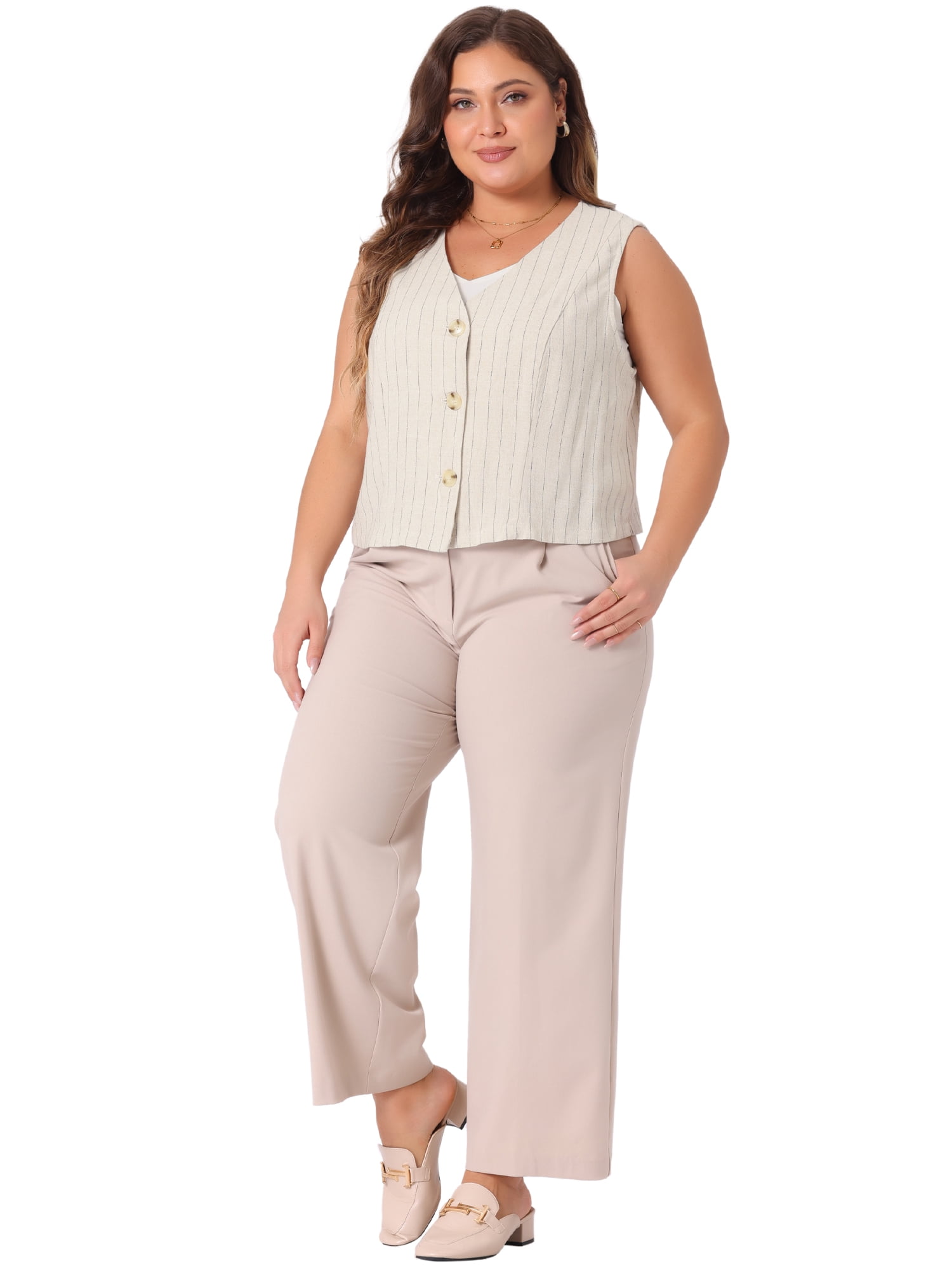 DARING DIVA Women's Plus Linen Vest Sleeveless Button Down V Neck Crop Top 4X Beige