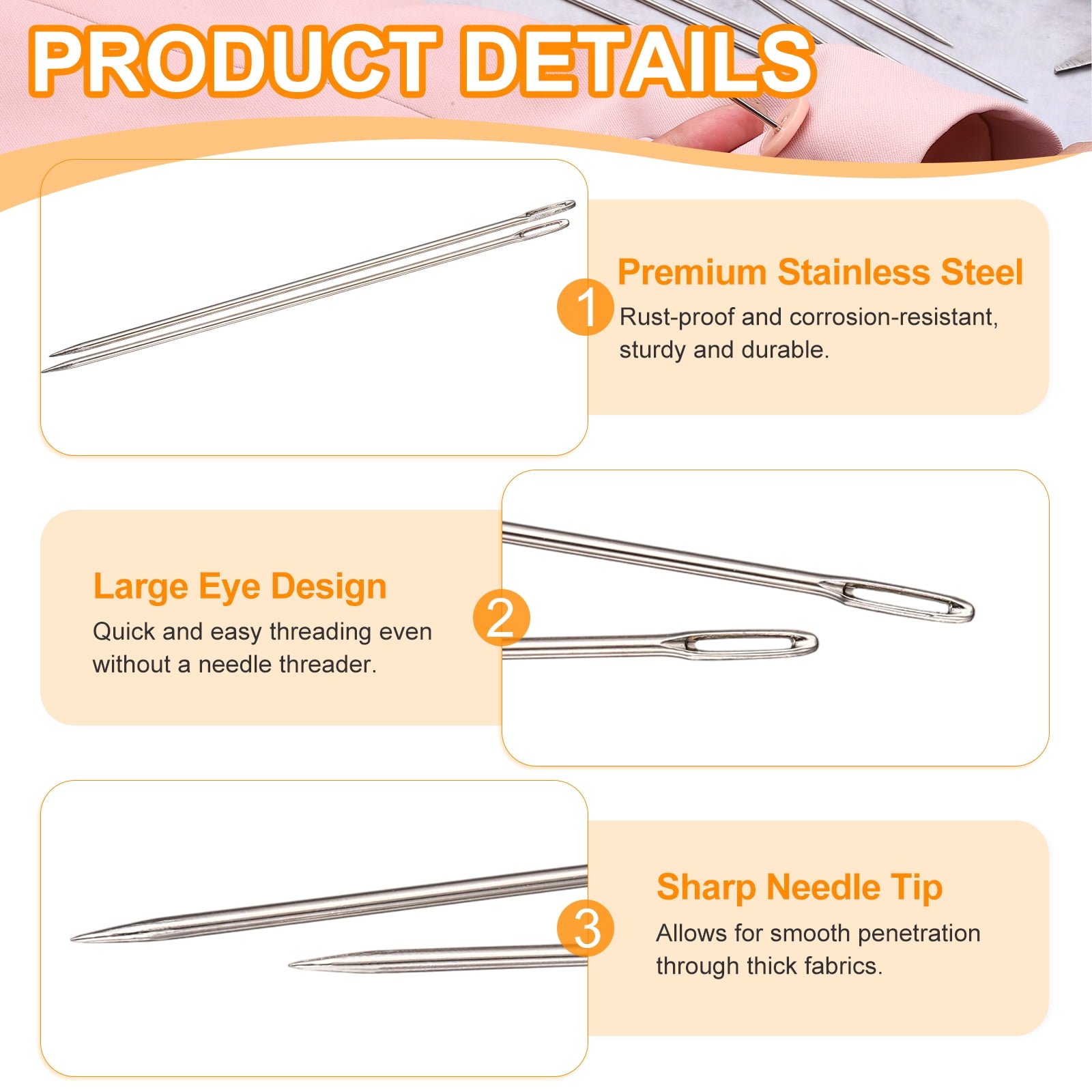 Uxcell 100 Pcs Sewing Needles 0.07 x 6 Inch Stainless Steel Big Eye Embroidery Thread Beading Leather Needle Upholstery Hand Sewing Awl for Art Craft Stitching Home Repair, Silver
