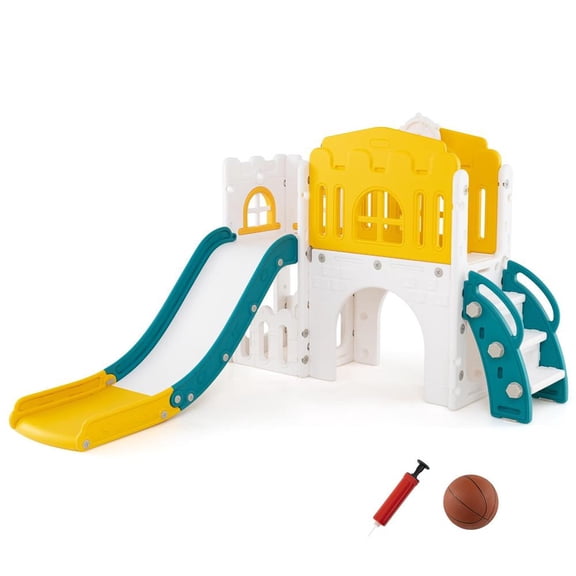 Topcobe 9-in-1 Toddler Slide L-Shaped with Basketball Hoop and Wheel, Children's Gifts for Birthday Holidays-Yellow