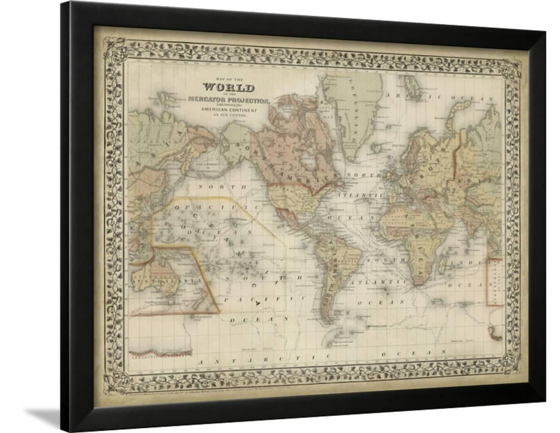Mitchell/'s World Map Black Framed Wall Art Print Map Home Decor