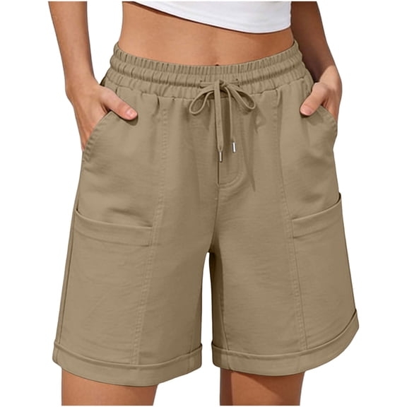 Qgtaibl Summer Wide Leg Shorts for Women Cotton Linen Drawstring Elastic High Waisted Cargo Shorts with Pockets Rolled Hem Loose Fit Hiking Bermuda Shorts Khaki XXL