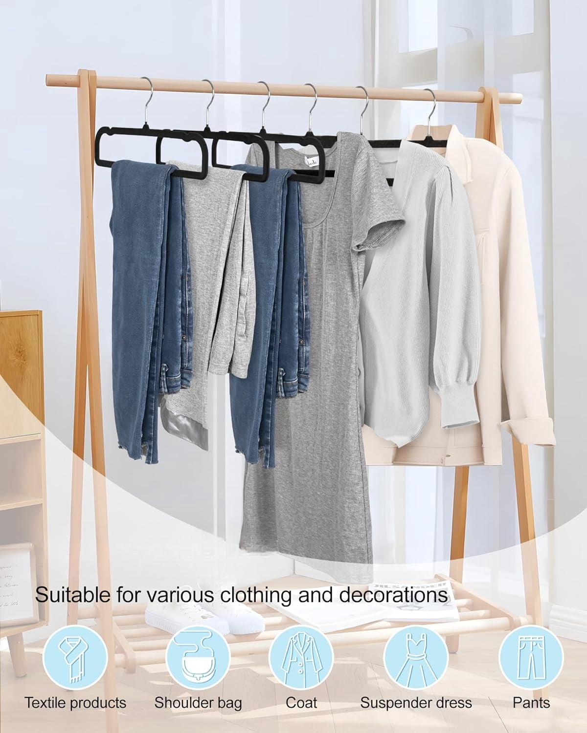 Velvet Pants Hangers with Non-Slip Bar, 20 Pack Felt Trouser Hangers with 360 °   Swivel Hook for Dresses, Shorts, Jeans, and Slacks, Black