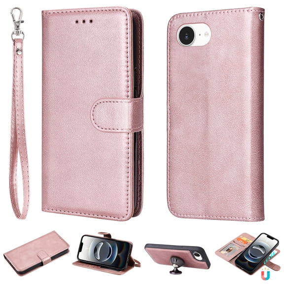 Allytechgroup Wallet Case for iPhone 16e with Wrist Strap, Built-in Card Holder Slim PU Leather Stand Protective Rugged Non-Slip Shokcproof Full Body Cover for iPhone 17e, Rosegold
