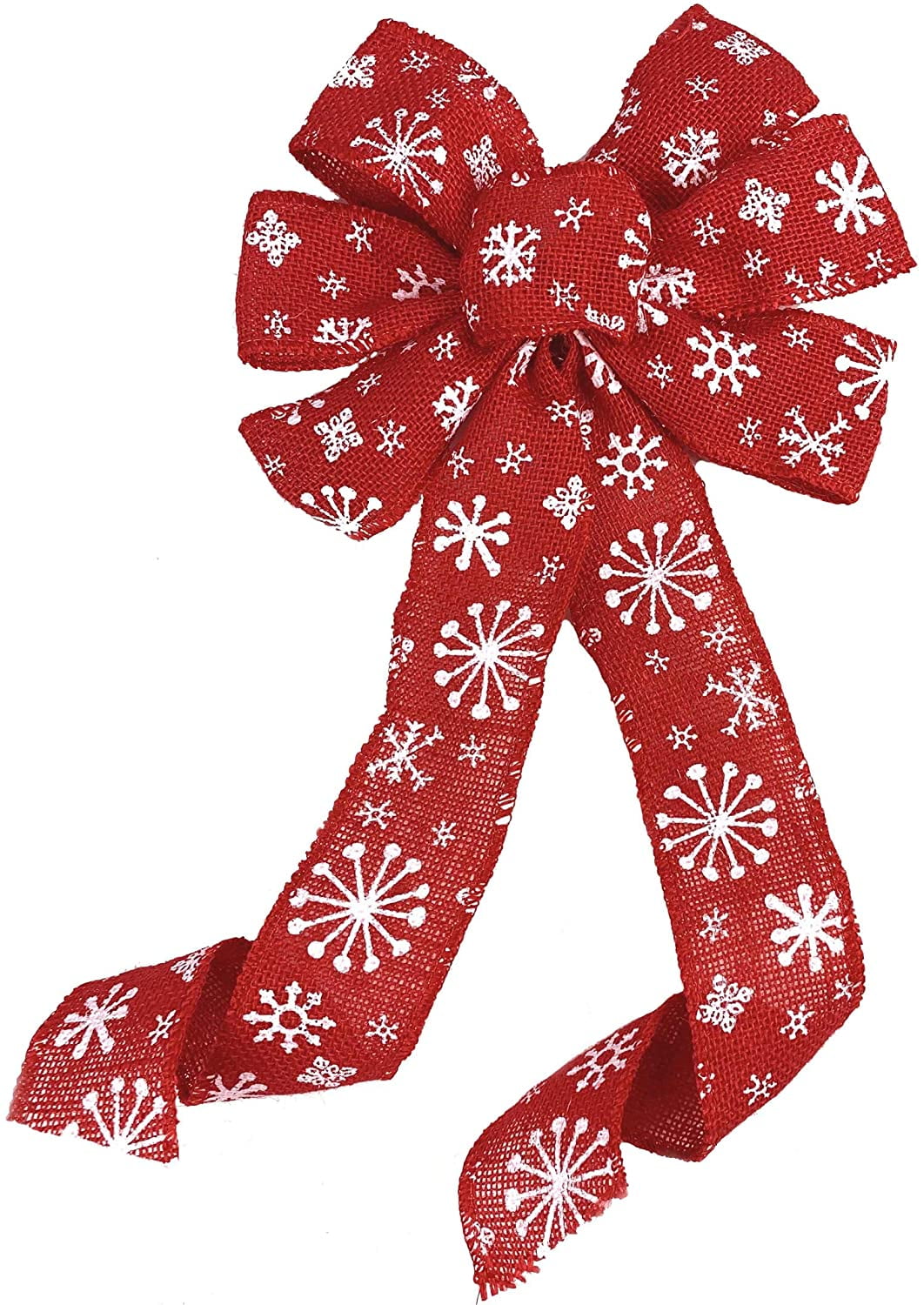 A bow of red curling ribbon with snowflakes as a frame. JPG