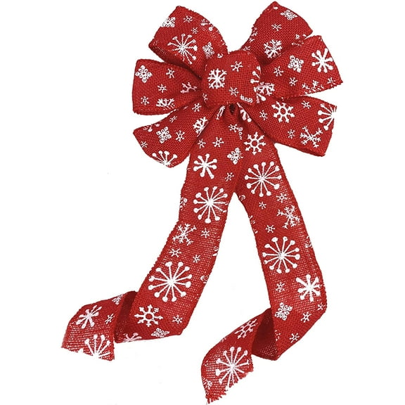 White Snowflake Christmas Wreath Bow - 10" Wide, 18" Long Pre-Tied Bow, White Snowflakes, Red Burlap