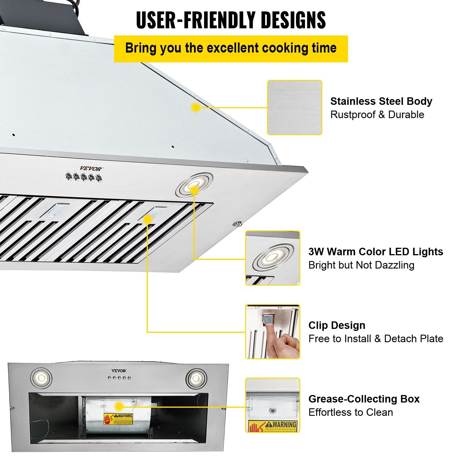 800CFM 36-Inch Built-In Range Hood - 3-Speed Push Button, Stainless Steel, LED Light, Baffle Filters, Convertible Vent, ETL Listed