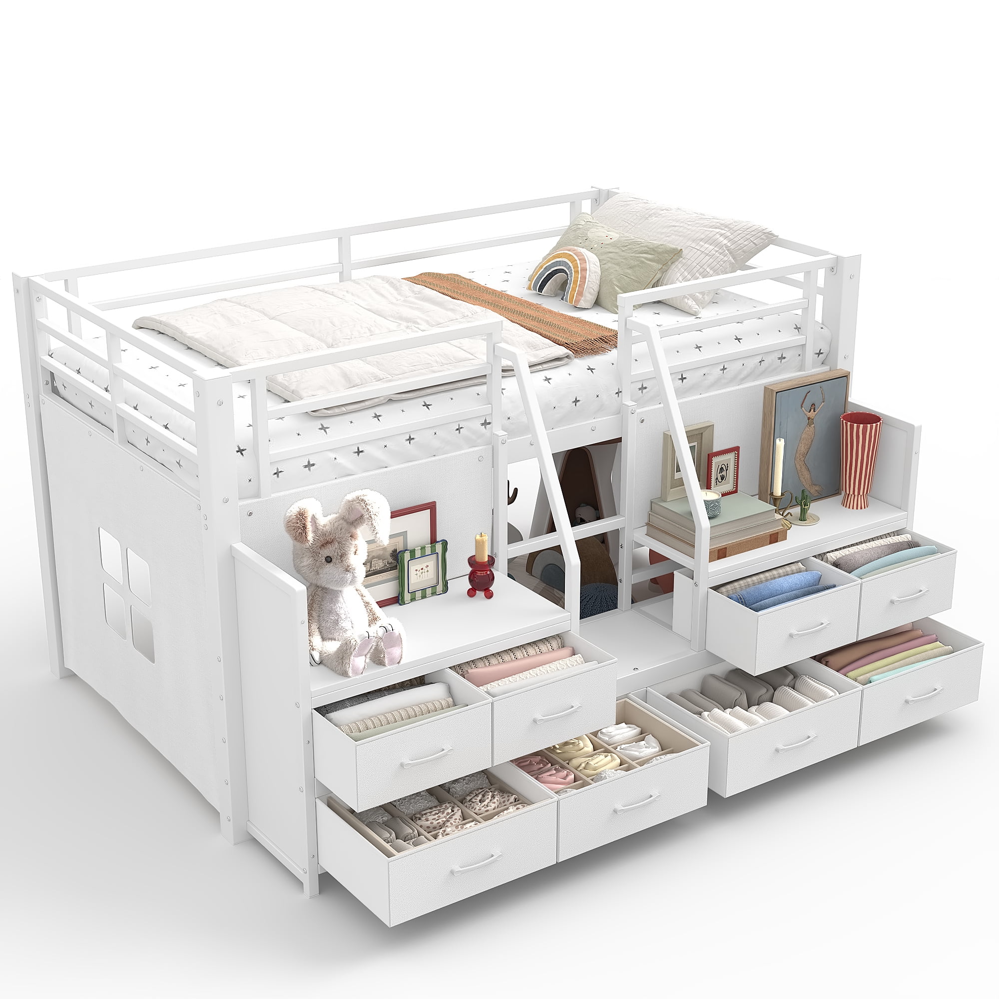 Aukfa Twin Low Loft Bed with 8 Storage Drawers, Shelves & LED Lights, Metal Loft Bed for Kids Bedroom, White
