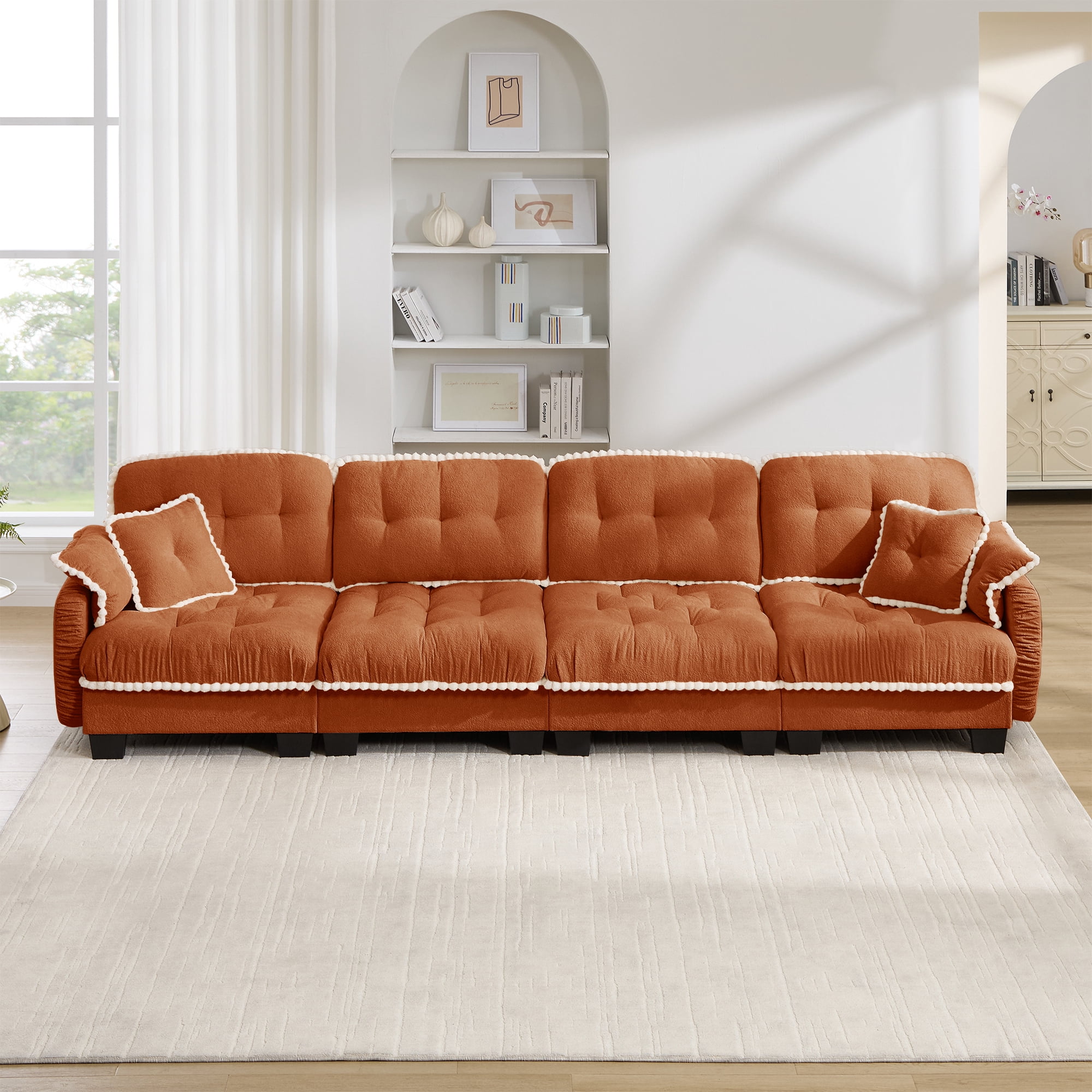 Anpport 131" Chenille Cloud 4‑Seater Sofa with 4 Pillows, Pom‑Pom Trim, Quilted Tufted Ergonomic, Easy Assembly Deep Seat for Living Room Apartment, Orange