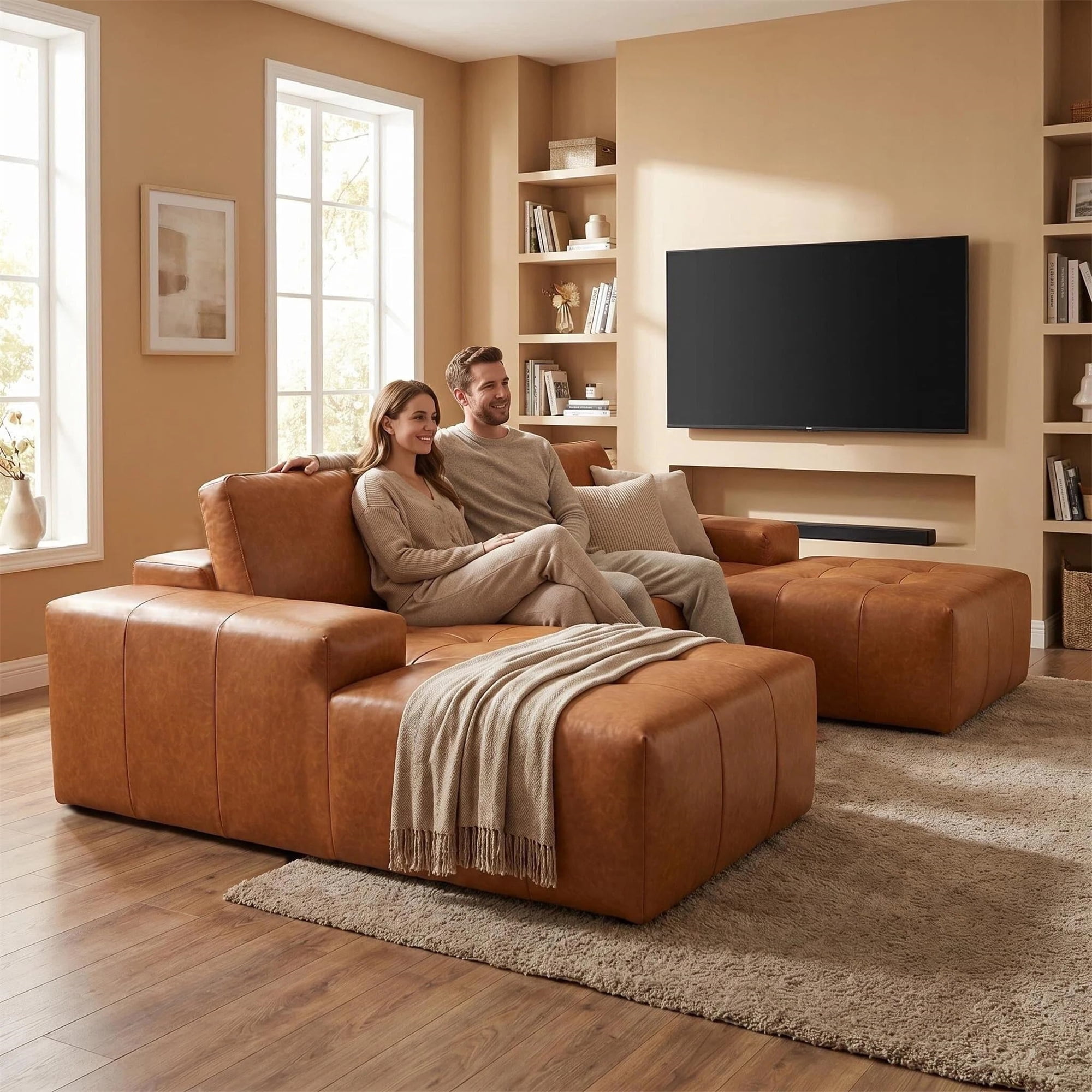 Aukfa 115" Leather Cloud Sectional Sofa Oversized Boneless Couch Modular L-Shaped Sofa for Living Room, Right Chaise, Brown