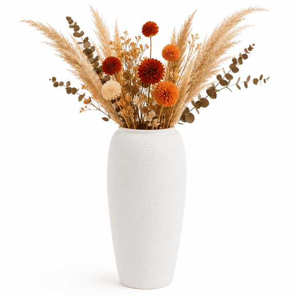 White Ceramic Flower Vase, 12.2 Inch Tall Decorative Ceramic Vase with Horizontal Ribbed Texture, Modern Cylindrical Pottery for Living Room, Office, Wedding Table Centerpiece, Home Decor