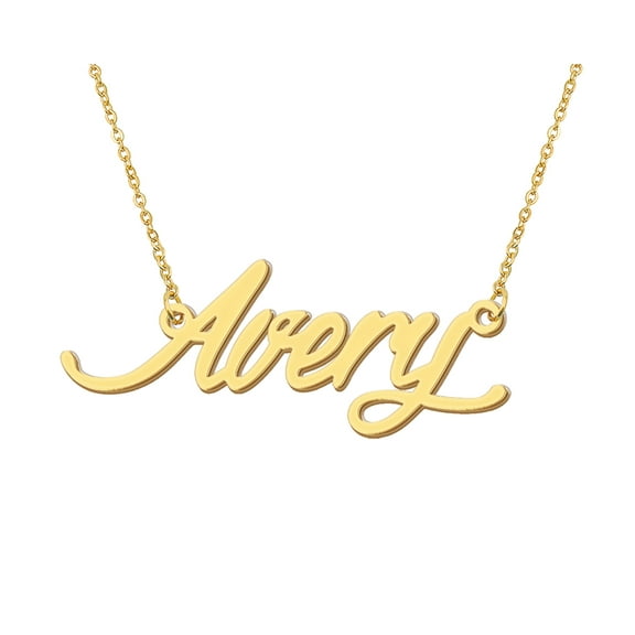 HUAN XUN 18k Gold Plated Avery Name Necklace Stainless Steel Nameplate Necklaces for Womens Mens Mother Day Christmas Jewelry Gift
