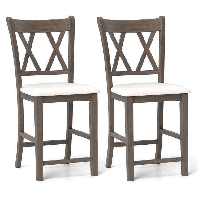 Gymax 2PCS Bar Stools 24''Counter Height Stools w/ Linen Fabric Upholstered Seat Gray