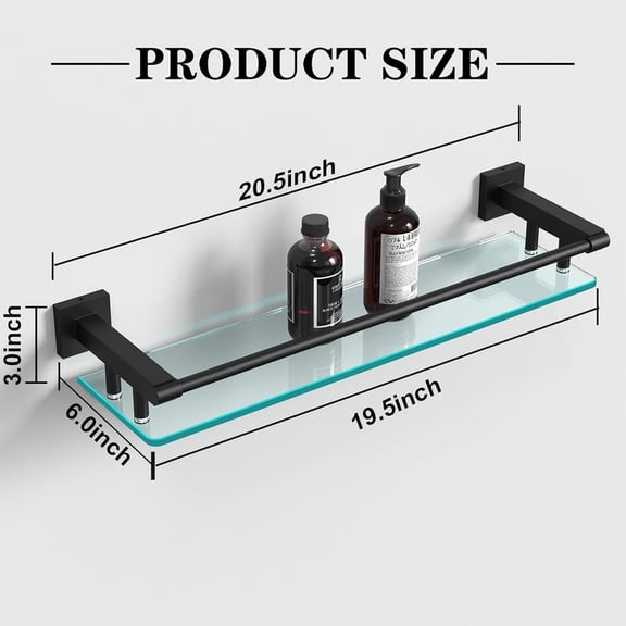 Bathroom Shelves Glass Floating Shelf 20-Inch for Bedroom Living Room Kitchen Hanging Rack Rustproof Wall Mounted Black