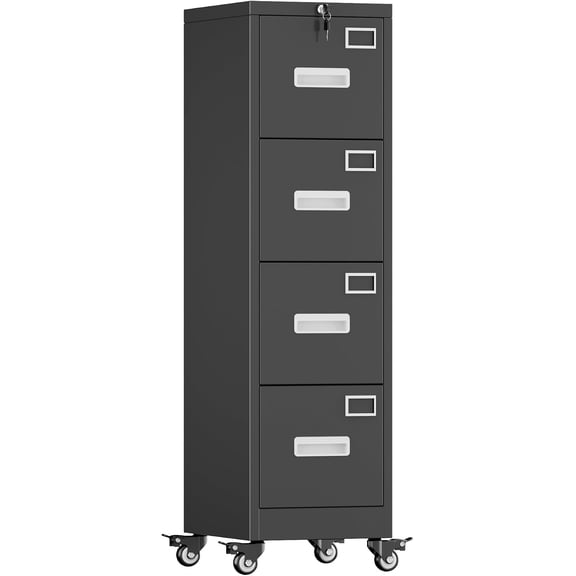 4 Drawer Metal File Cabinet with Lock, Mobile Heavy Duty Steel Filing Cabinet with Full Extension Rails, for Office Workspaces, Letter Legal Size, Black, Assembly Required