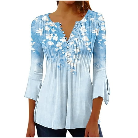

TUWABEII Women s Fashion Tops Casual Trumpet 3/5 Sleeve Printed Buttoned Basic Ruched Corset Tunic Pleated T-shirts Blouses