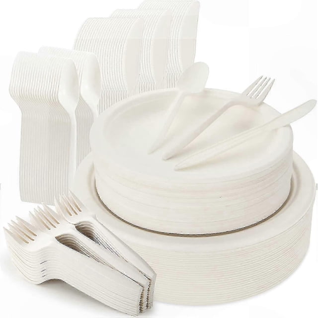 250-Piece Biodegradable Tableware Set - 7 & 9 Inch Plates, Cutlery - Eco-Friendly Disposable Party Kit