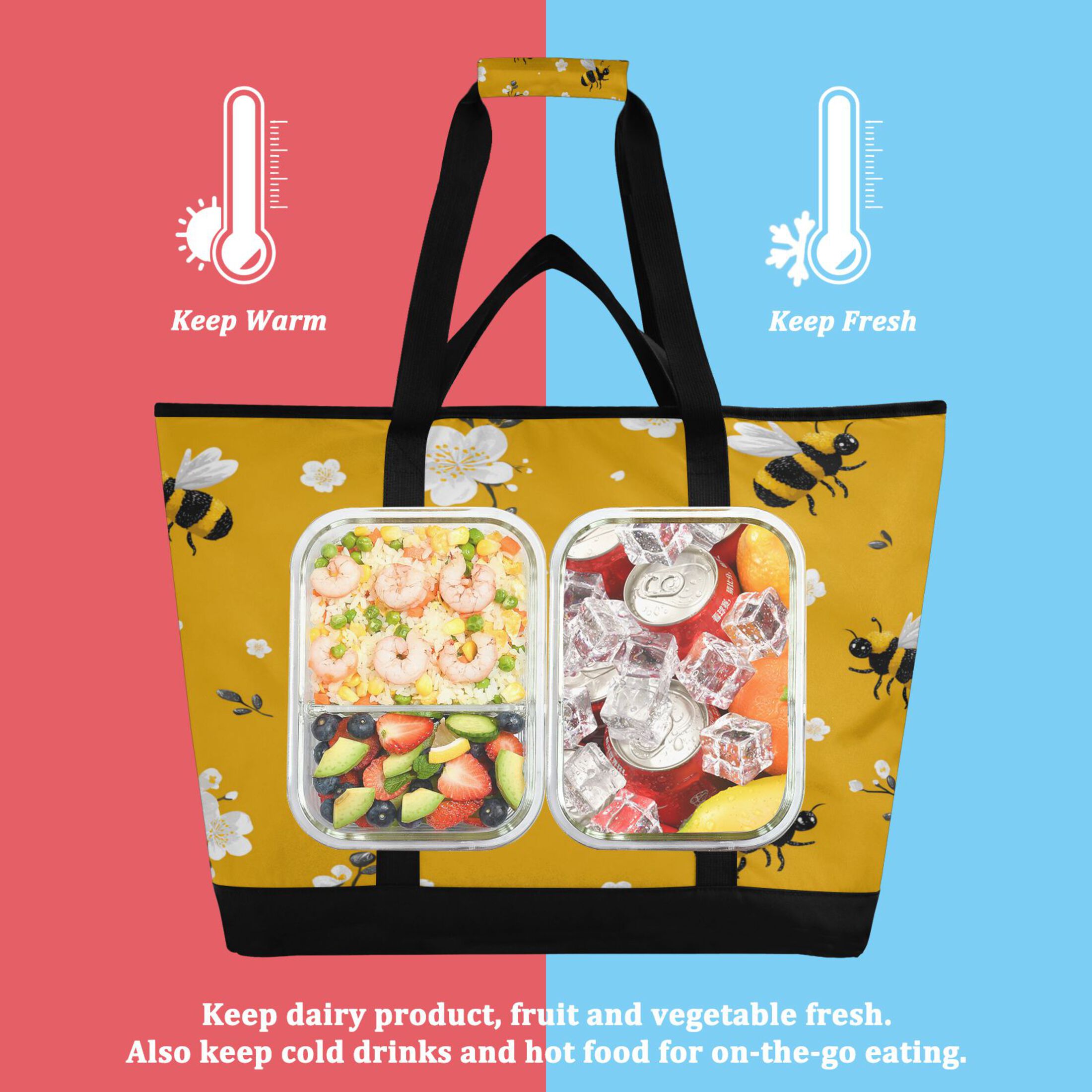 Extra-Large Wide Opening Design Capacity Hand-Held Ice Pack Thickened Insulation Layer For Long-Lasting Cold Retention For Outdoor Shopping Picnics And Camping Cute Cartoon Bees