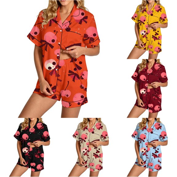 Gunia Women Halloween Pajamas 2 Piece Cozy Button Up Short Sleeve Tops And Shorts Pjs Jammies Orange L