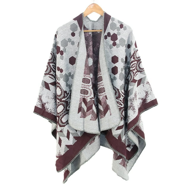 Warm shawl wraps for women winter oversized printing blanket cape wraps in burgundy and grey tones. Made from acrylic and polyester, this reversible winter shawl offers a soft, skin-friendly feel and versatile wear as a scarf, pashmina, or cape. Ideal for casual, daily, or party occasions, categorized under women's winter scarves.