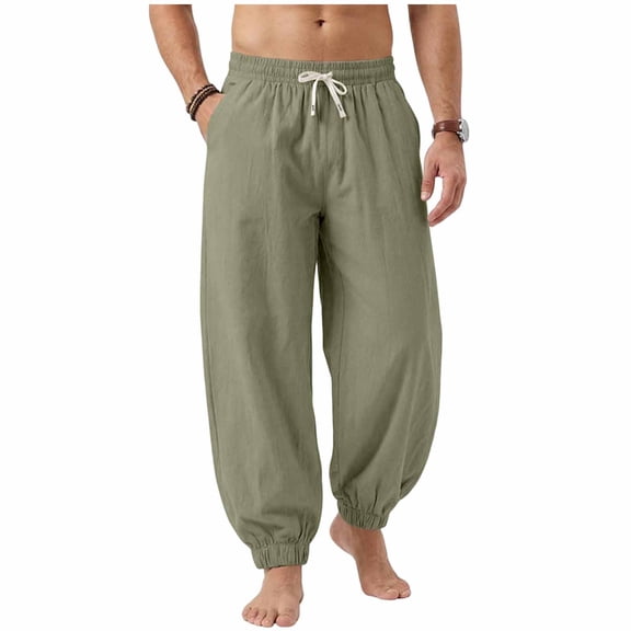 BVnarty Men's Solid Linen Beach Jogger Pants Loose Drawstring Elastic Waist Casual Long Trousers with Pockets for Vacation Outdoor Army Green XL