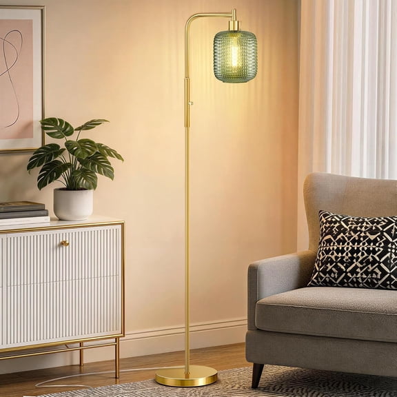 67in Tall Floor Lamp for Living Room, Gold Standing lamp with Green Ribbed Glass Lamp Shade Bulb Included