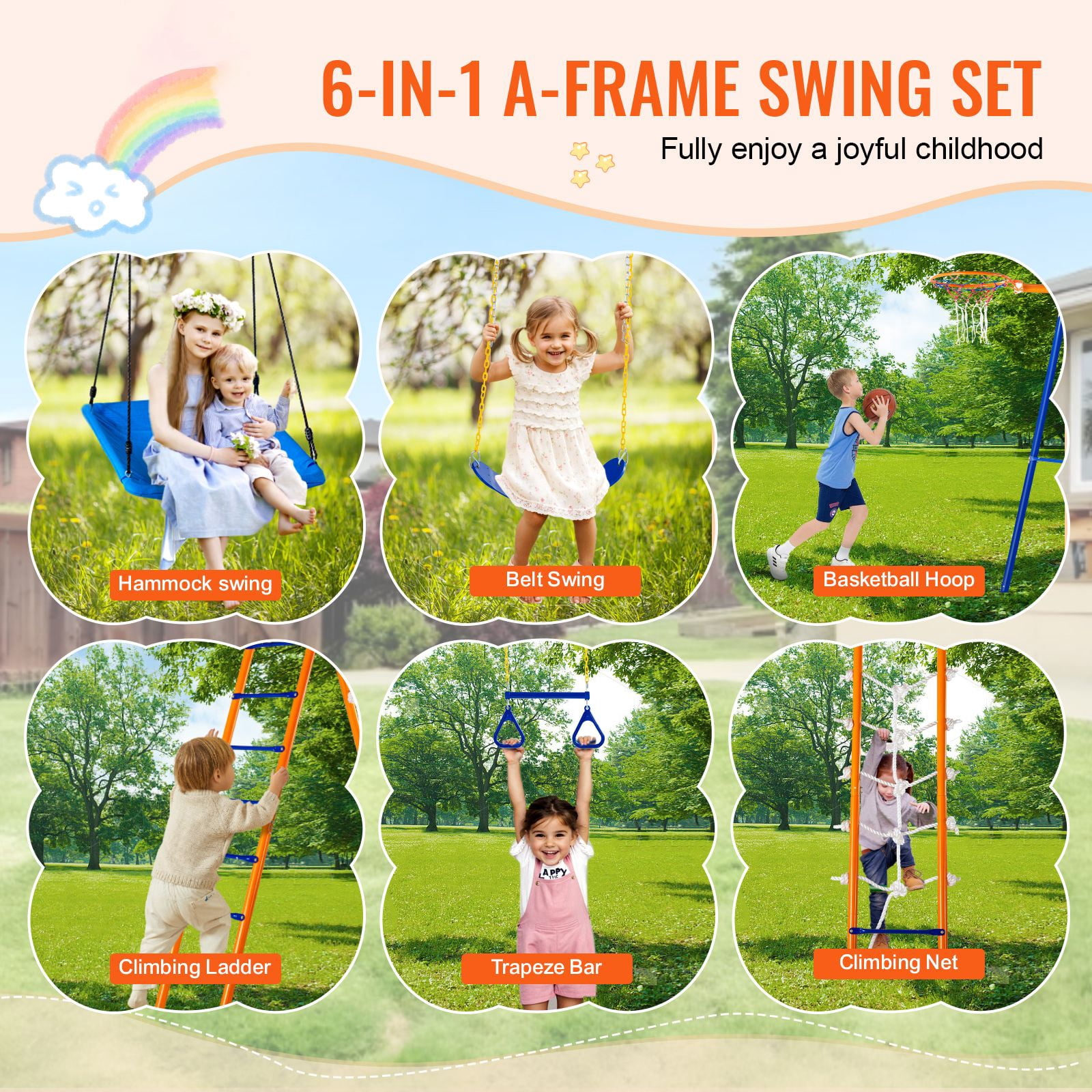 Swing Sets for Backyard, 6 in 1 Swing Set with 2 Swings, Trapeze Bar, Climbing Ladder, Climbing Net, and Basketball Hoop, 440lbs Load Capacity Heavy-Duty Metal Swingset Outdoor for Kids Ages 3+
