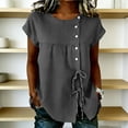 thumbnail image 4 of Ahdbta Womens Cotton Linen Tops Summer Short Sleeve Round Neck Button Babydoll Shirts Casual Loose Fit Cute Peplum Blouse, 4 of 6
