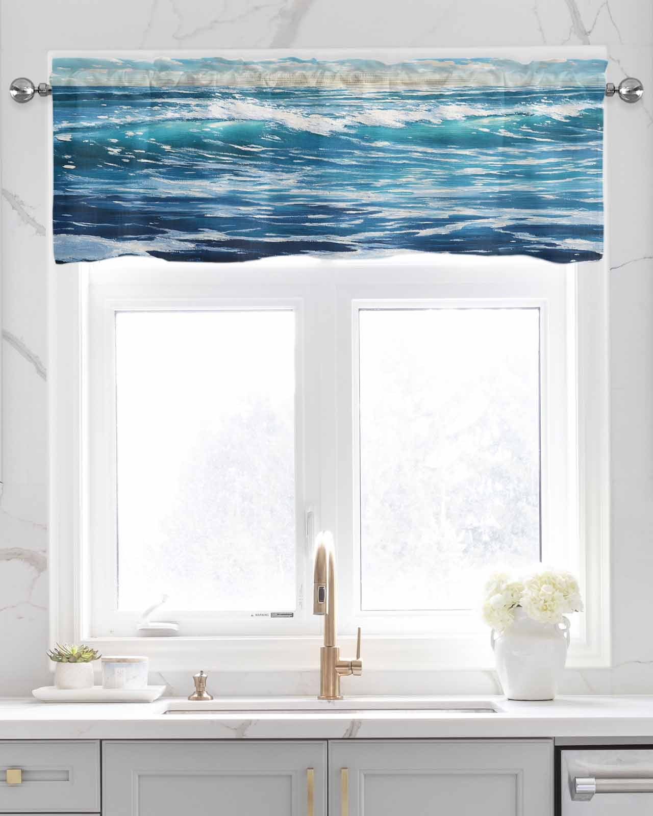 Blue Coastal Kitchen Valances for Windows Farmhouse Linen Window Valance Curtain for Living Room Window Treatment Ocean Sea Nautical Summer Beach Valance Rod Pocket Topper Drape, 54 x 18 Inch