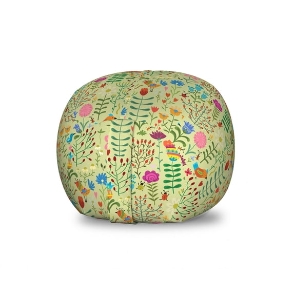 Flowers Storage Toy Bag Chair, Cartoon Ladybugs Chamomile Tulip Lily Dandelion Blooms Botany Plants Illustration, Stuffed Animal Organizer Washable Bag, Large Size, Multicolor, by Ambesonne