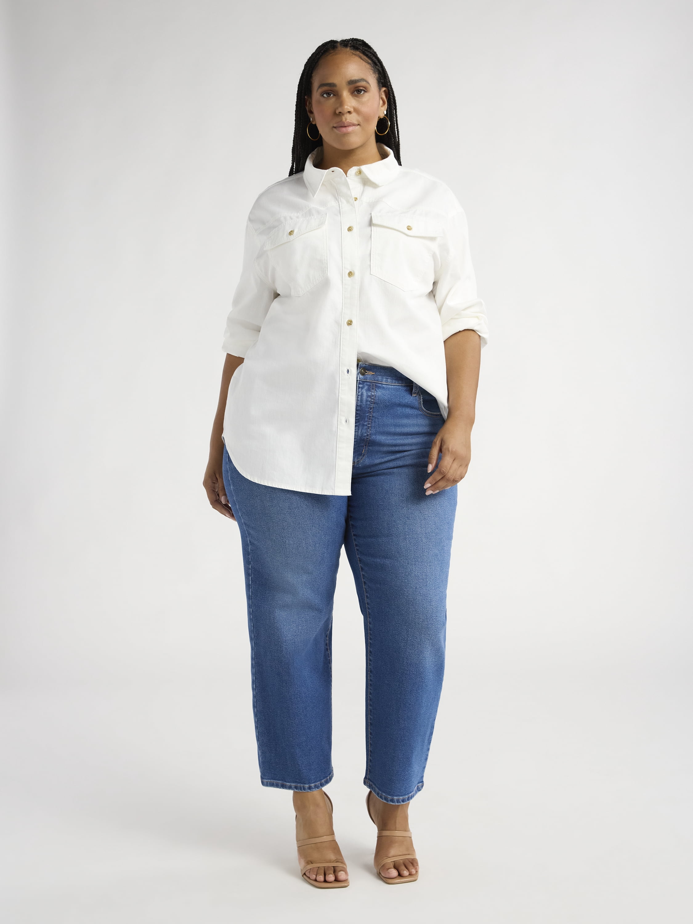 Sofia Jeans Women's and Women's Plus Sofia Oversized Boyfriend Shirt with Long Sleeves, Sizes XS-4X