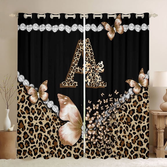 Manfei Leopard Print Monogrammed A Blackout Curtains,Dreamy Butterfly Window Curtains Pack of 2 (38x45 Each),Black Brown