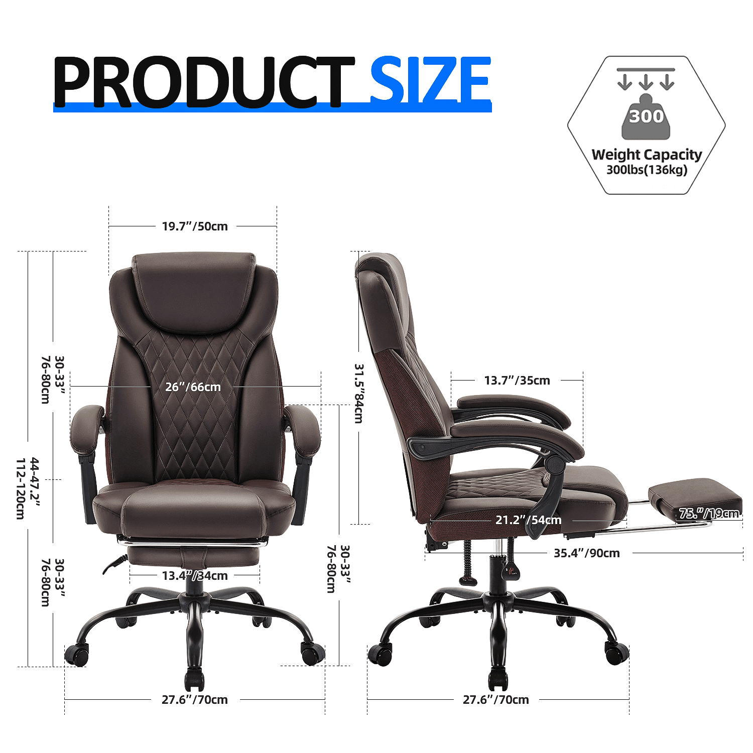 TMV 10-Position Adjustable Office Chair, Reclining Work Chair with Lumbar Support with Desk Foot Rest，Brown