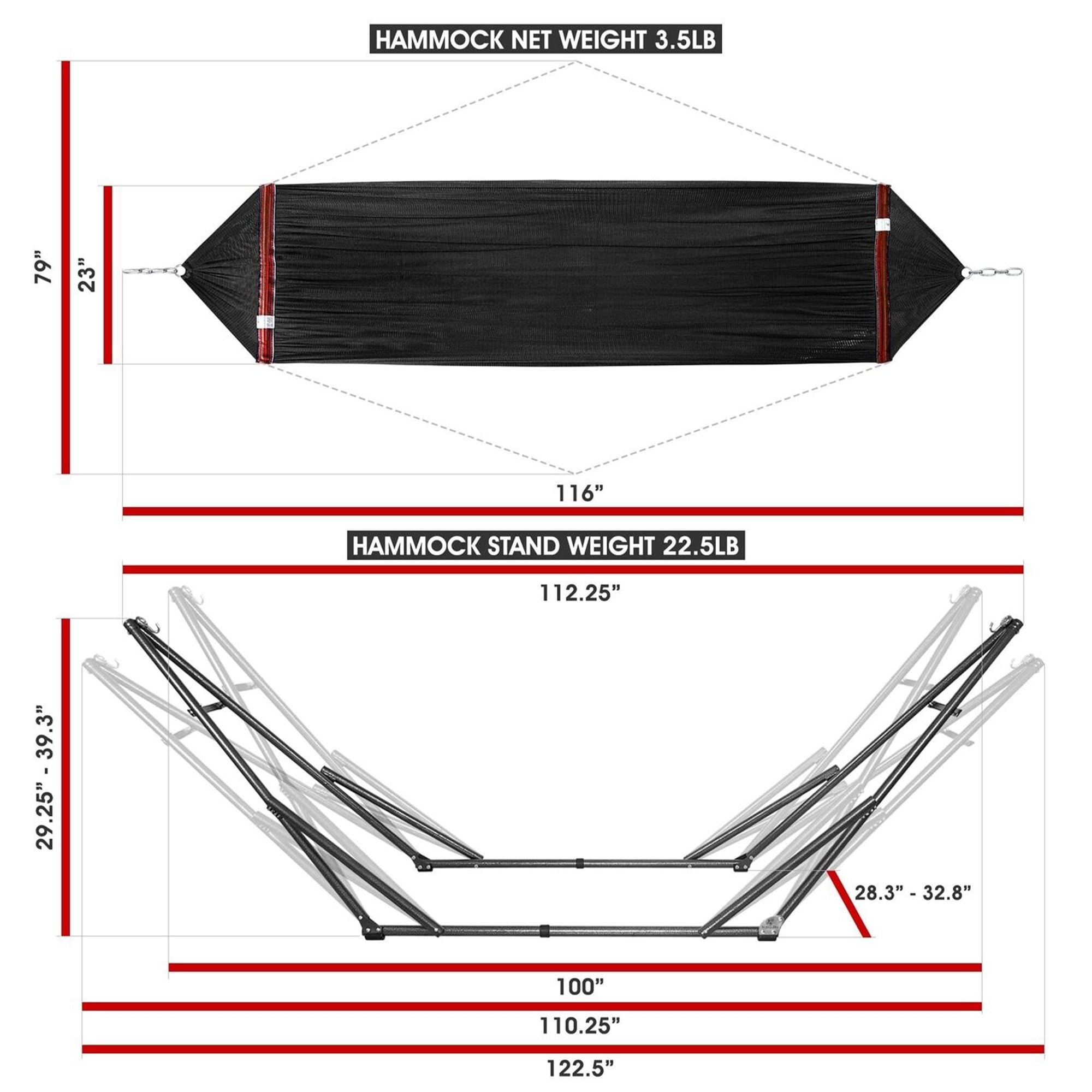 Tranquillo Universal 116" Double Hammock with Adjustable Stand & Bag, Black