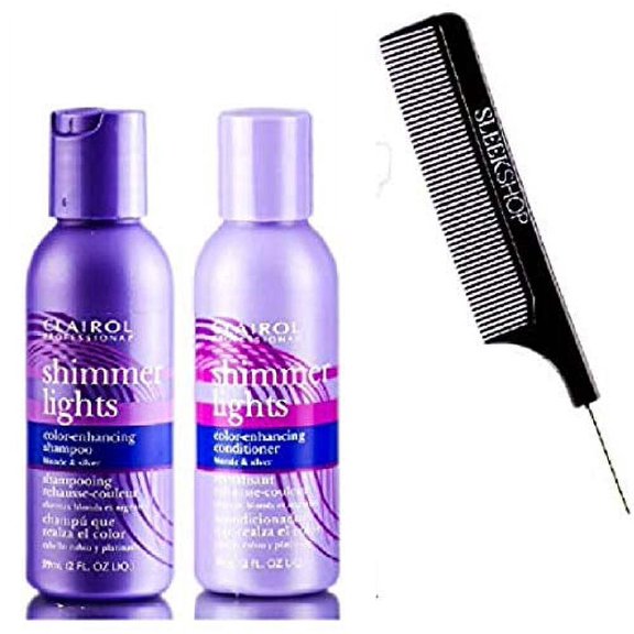 Clairol SHIMMER LIGHTS Shampoo & Conditioner DUO, BLONDE & SILVER, Purple Violet To Tone Down Brassiness, Brightens & Refreshes Highlighted (w/Comb) Remove Yellow (2 oz TRAVEL SIZE DUO KIT)