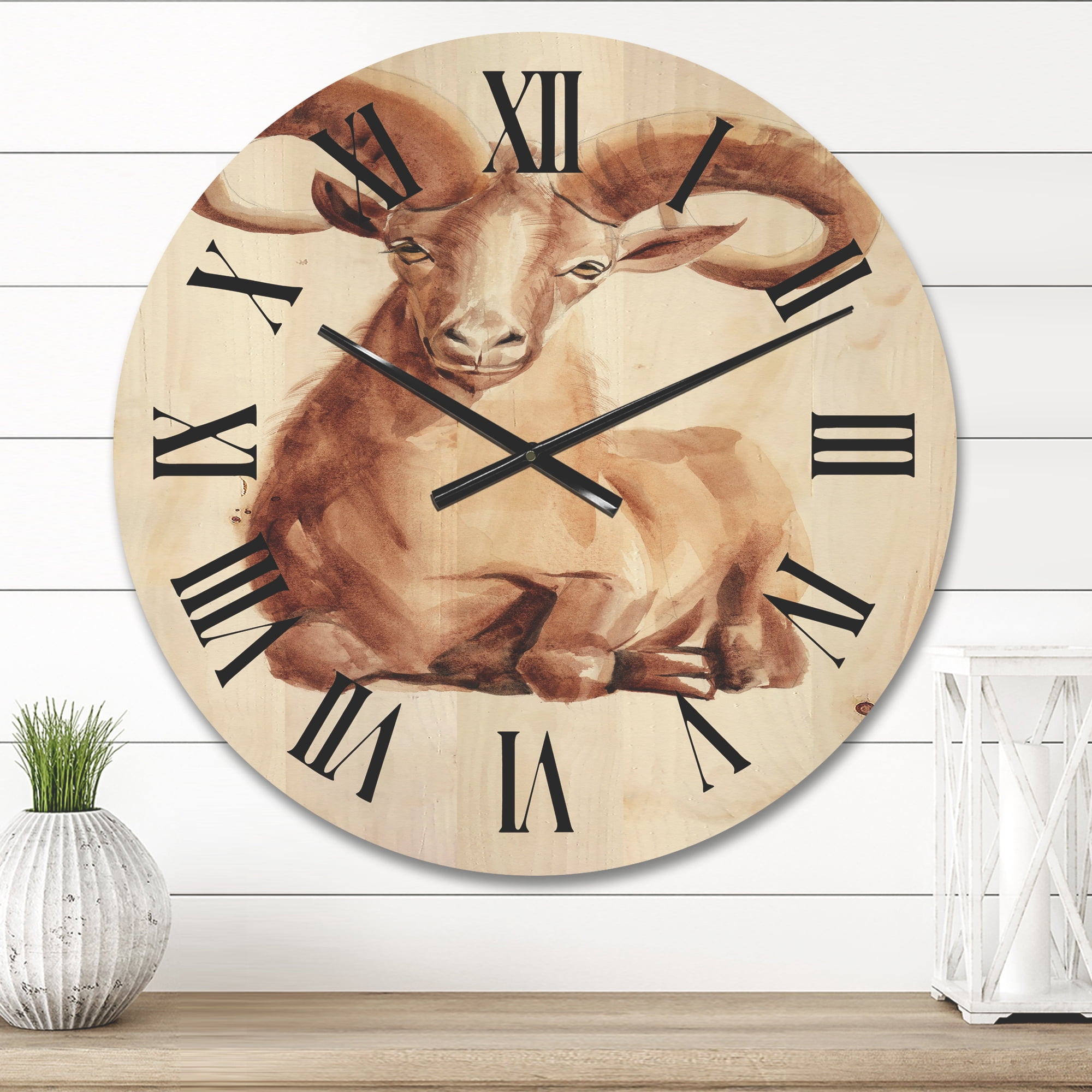 Designart 'Abstract Portrait of Wild Ram With Mighty Horns II' Farmhouse Wood Wall Clock